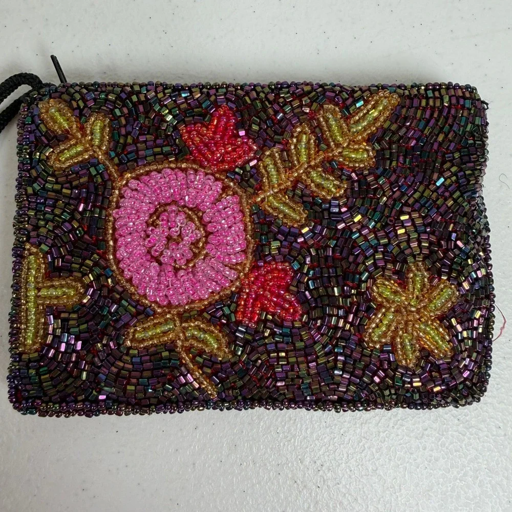 Vintage Small Coin Purse Beaded Floral Iridescent Purple Pink Wristlet Pouch